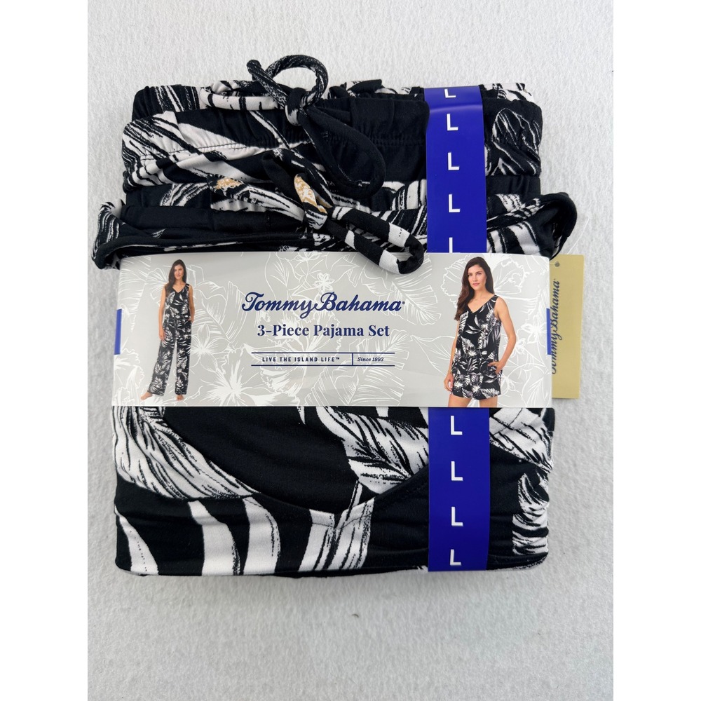 NWT Tommy Bahama Women's 3-Piece Tropical Pajama Set Black White Size L